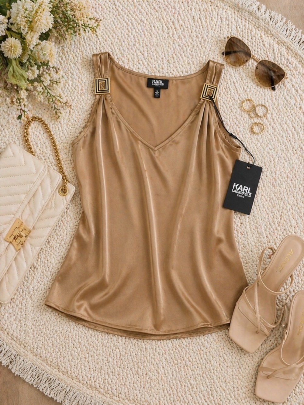 Karl Lagerfeld Paris V Neck Hardware Tank Cartouche Brown Medium NWT Satin Top - Picture 3 of 8